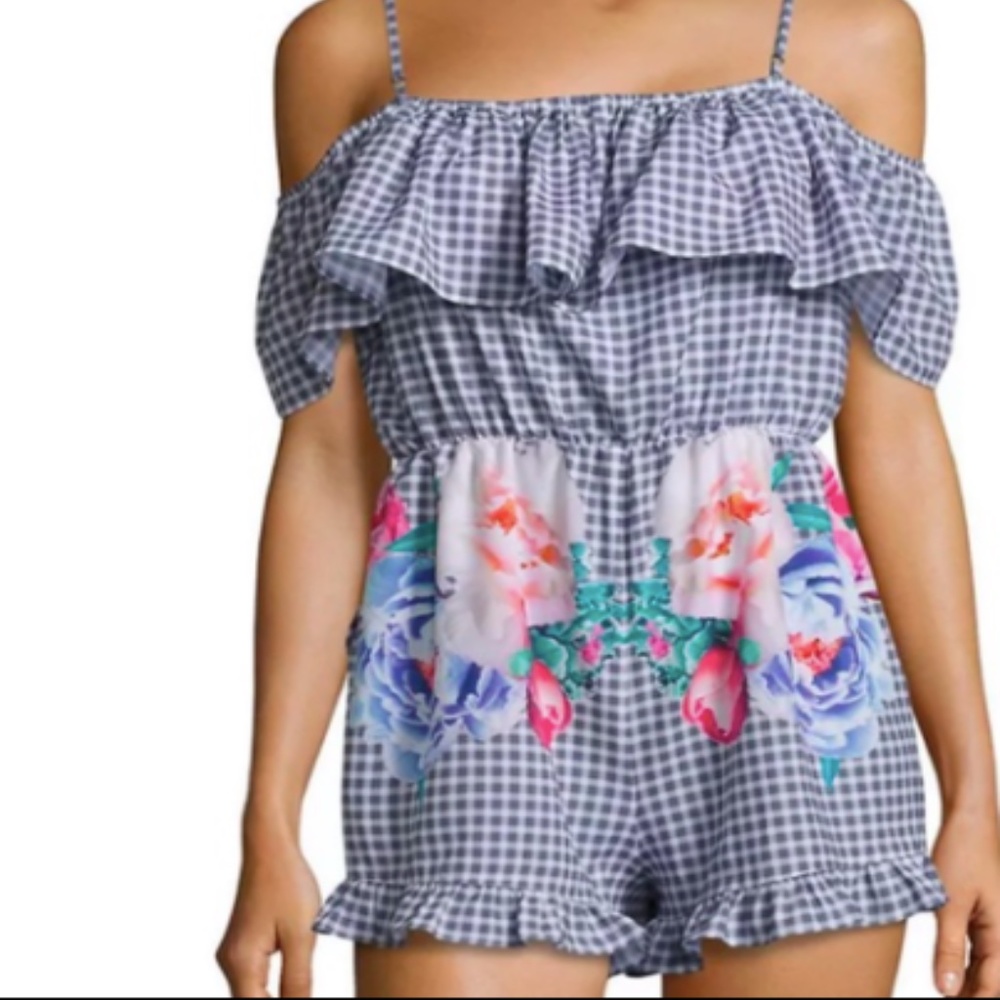 6 Shore Road by Pooja Dreamer’s Gingham Romper Size L Floral Cruise Wear